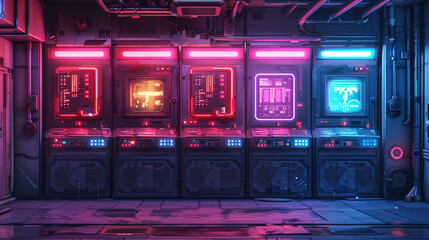Retro-futuristic server room with neon lighting, vibrant colors, and vintage computer interfaces