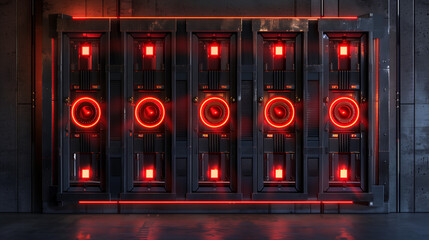 Futuristic server room with glowing red lights and circular elements in a dark industrial setting