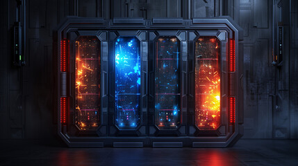 Futuristic server with glowing data cores in a high-tech environment