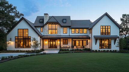 Obraz premium Luxury Farmhouse Exterior with Warm Lights at Dusk