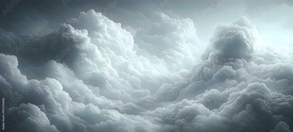 Poster a stunning close-up of fluffy, ethereal clouds in varying shades of gray, creating a serene and atmo