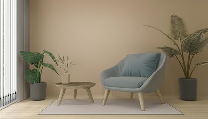 Interior with wooden cabinet and armchair 3d rendering