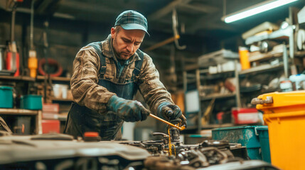 Skilled mechanic repairs engine in well-equipped workshop with precision tools