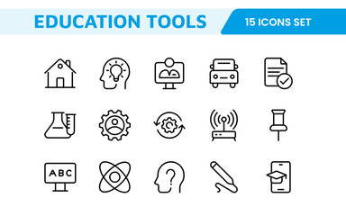 Education Tools Icon Set. Engaging and versatile icons for learning apps, classrooms, and online courses, perfect for enhancing educational resources and making learning fun and accessible.