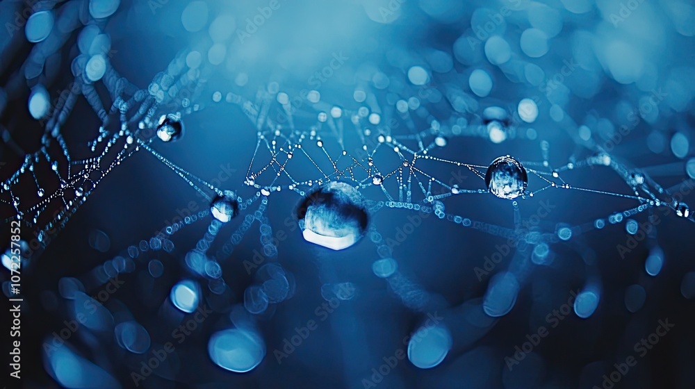 Poster Dew drops on a spiderweb with a blue background, creating a delicate and intricate pattern.