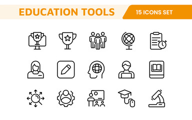 Education Tools Icon Set. Engaging and versatile icons for learning apps, classrooms, and online courses, perfect for enhancing educational resources and making learning fun and accessible.