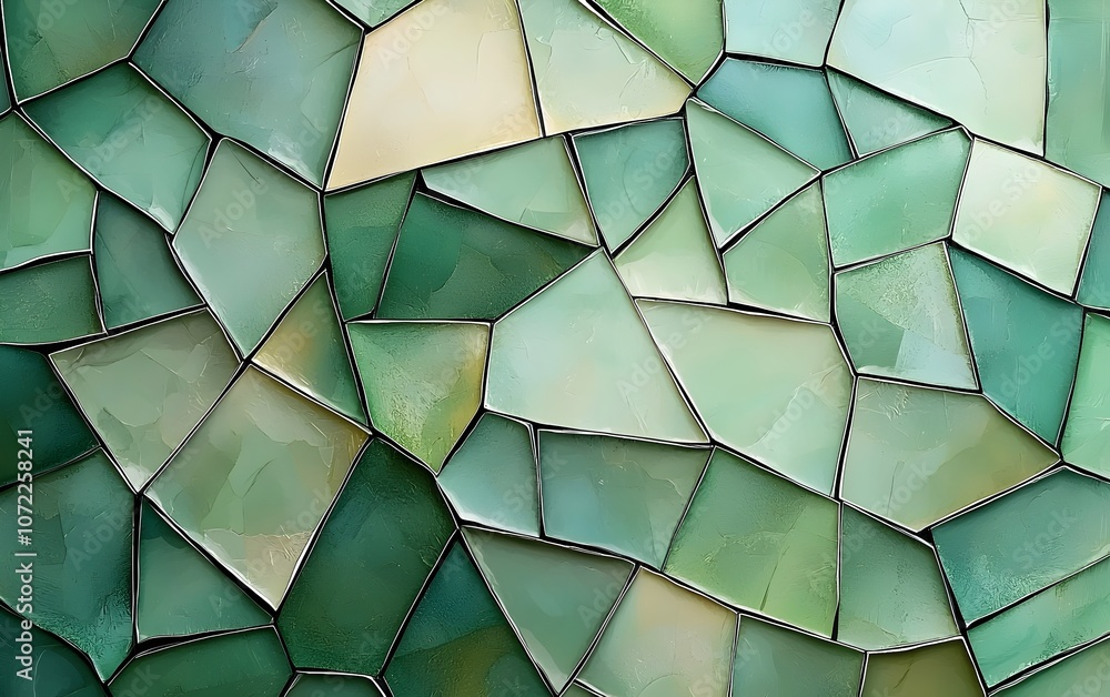 Poster a vibrant, abstract mosaic of green tones, featuring irregular shapes and smooth transitions between