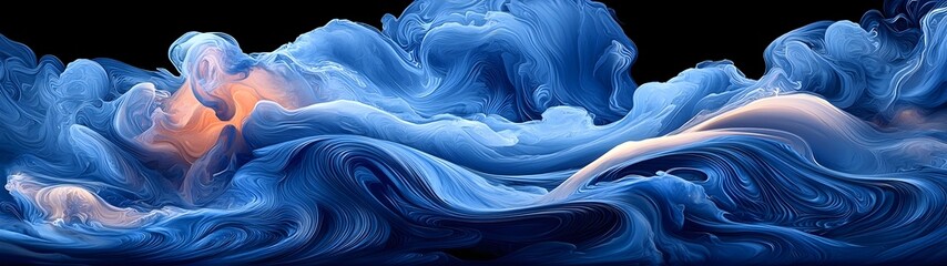 Fototapeta premium An abstract swirl of deep blue and soft white tones, evoking the beauty of ocean waves and clouds, creating a tranquil yet dynamic visual experience.