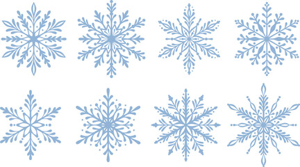 Elegant snowflake vector pattern set, delicate hand drawn snow crystal shape collection, winter holiday decorative clip art, isolated