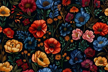 Lush embroidered floral design featuring colorful pansies and wildflowers with intricate stitching details, perfect for fabric patterns, crafts and decorative arts inspiration