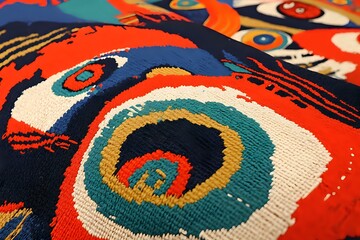 Abstract psychedelic spiral pattern in vibrant red, orange, blue and teal colors creating dynamic optical illusion effect, perfect for modern interior design and creative projects.