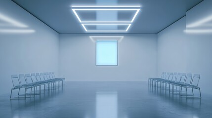 Fototapeta premium Sleek, metallic seating arrangement with one neon blue light above, in a vast, empty white space.