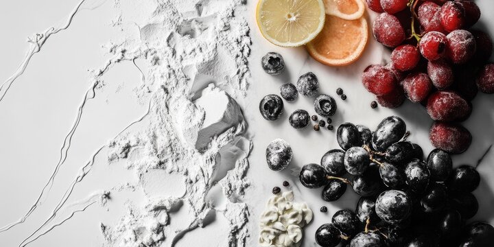 Top-down view of black and red grapes, citrus fruits, and flour spread across a light gray surface for a creative food styling concept