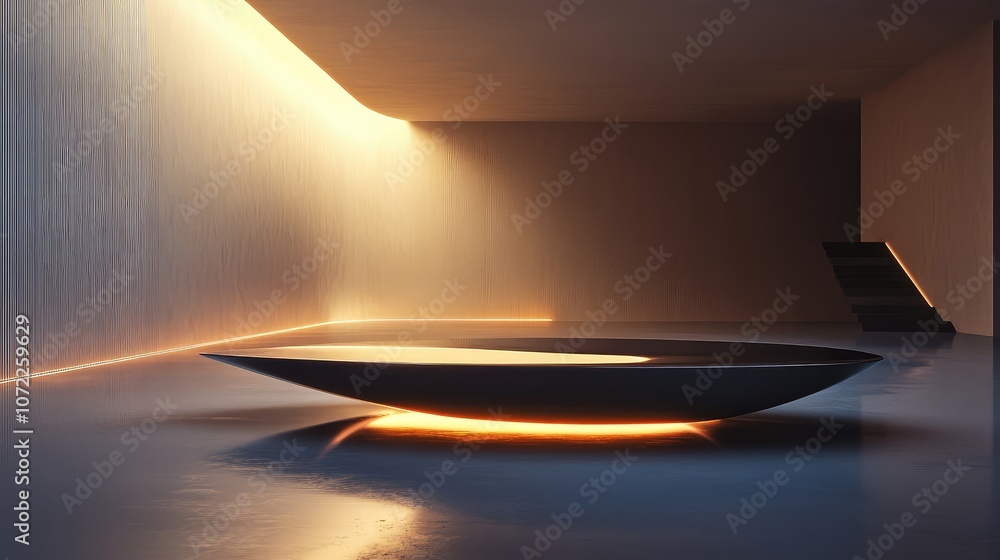 Poster wide empty space with a low, glowing table at the center, showcasing clean, futuristic design princi