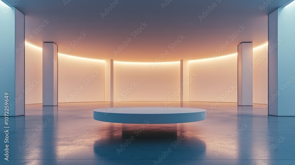 Poster wide empty space with a low, glowing table at the center, showcasing clean, futuristic design princi