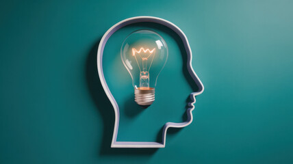A creative representation of a human head silhouette illuminated by a glowing light bulb, symbolizing ideas and inspiration.