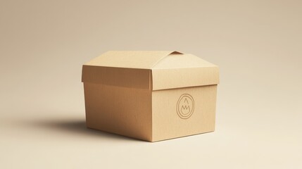 Obraz premium A simple kraft paper box with a recycled logo stamped, against a soft, neutral background.