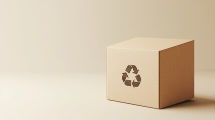 Obraz premium A simple kraft paper box with a recycled logo stamped, against a soft, neutral background.