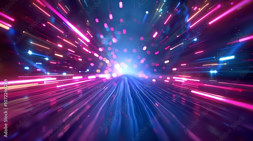 Poster abstract colorful light tunnel with neon pink and blue streaks creating a dynamic motion effect, per