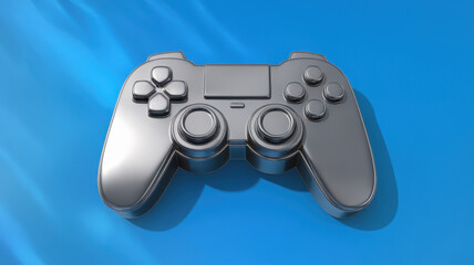 A sleek, metallic game controller rests on a vibrant blue surface, reflecting light and showcasing its modern design.