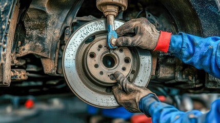 Mechanic repairs car brake system with precision tools and expertise