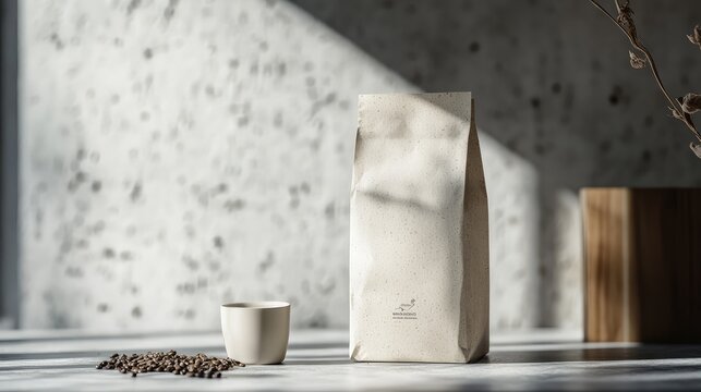 Compostable packaging with a natural texture, showing off a minimal logo and organic feel.