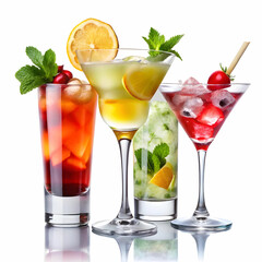 A set of colorful cocktails displayed at a restaurant bar