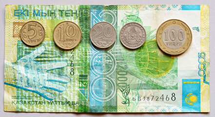 2000 Tenge Kazakhstan bank note and coins