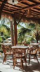 Fototapeta premium Bohemian Dining Area with Rattan Chairs and Tropical Vibe