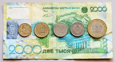 2000 Tenge Kazakhstan bank note and coins