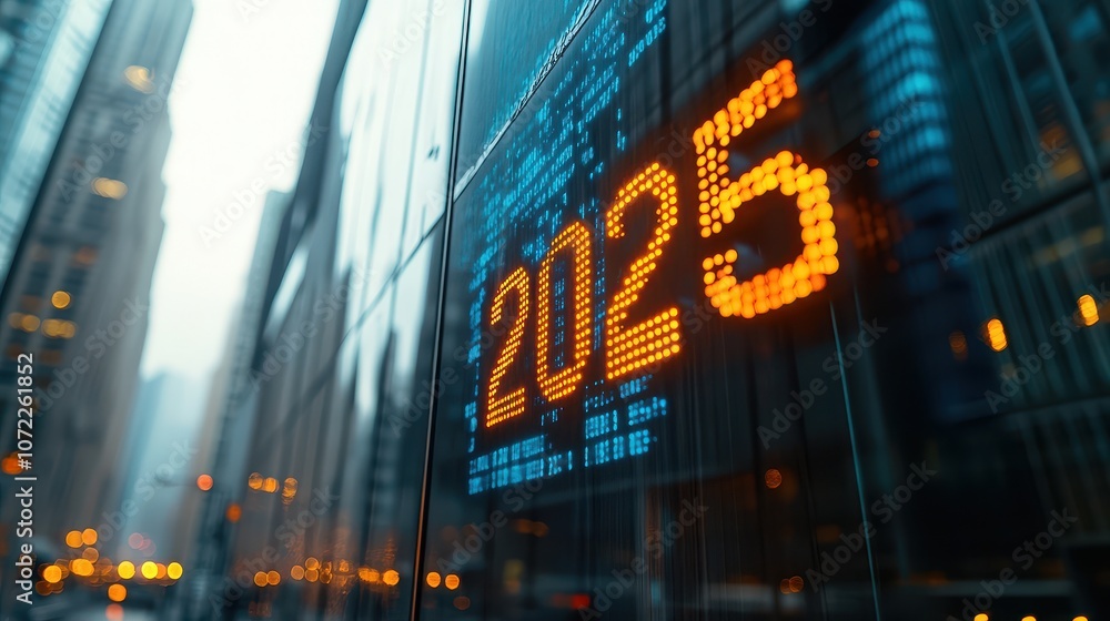Poster vibrant digital display of the year 2025 on a modern building with a close-up perspective of urban c