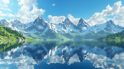 Fototapeta premium A serene landscape featuring snow-capped mountains reflecting in a tranquil lake under a clear blue sky with fluffy clouds.