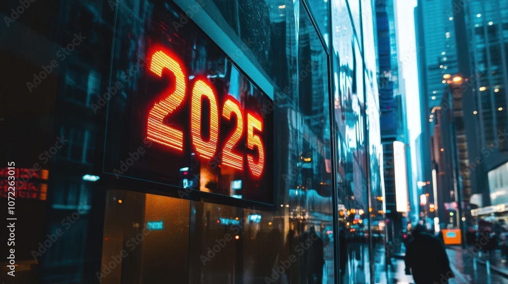 Poster close-up of a vibrant digital display showing the year 2025 on a reflective building surface in a bu