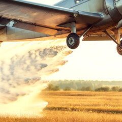 Aerial crop dusting plane in action above golden fields during sunset