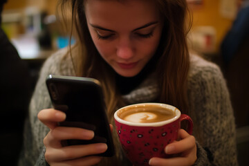 A young woman holding her mobile phone in one hand and a cup of coffee in the other, capturing a candid and modern lifestyle moment.