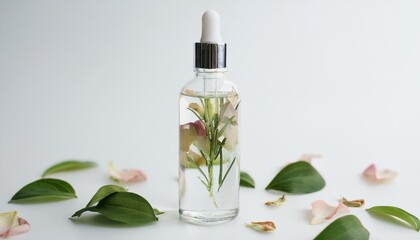 Cosmetic bottles with natural herbs and flower petals