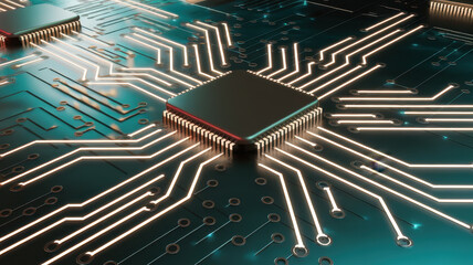 Abstract view of a microchip with glowing circuitry, showcasing intricate patterns and connections,...