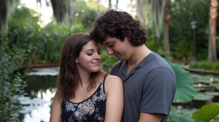 Obraz premium young couple in love embracing in a lush, tropical garden