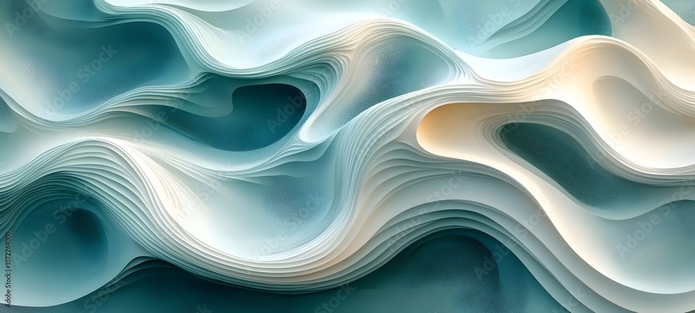 Poster a mesmerizing abstract of flowing waves in soft teal and cream. the smooth curves create a tranquil 