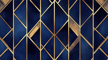 A bold, art deco-inspired seamless wallpaper pattern with gold geometric lines on a deep navy background, offering a luxurious and glamorous style for any space