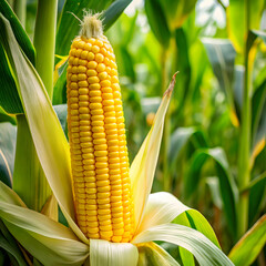 A fresh, golden corn stalk, featuring green husks