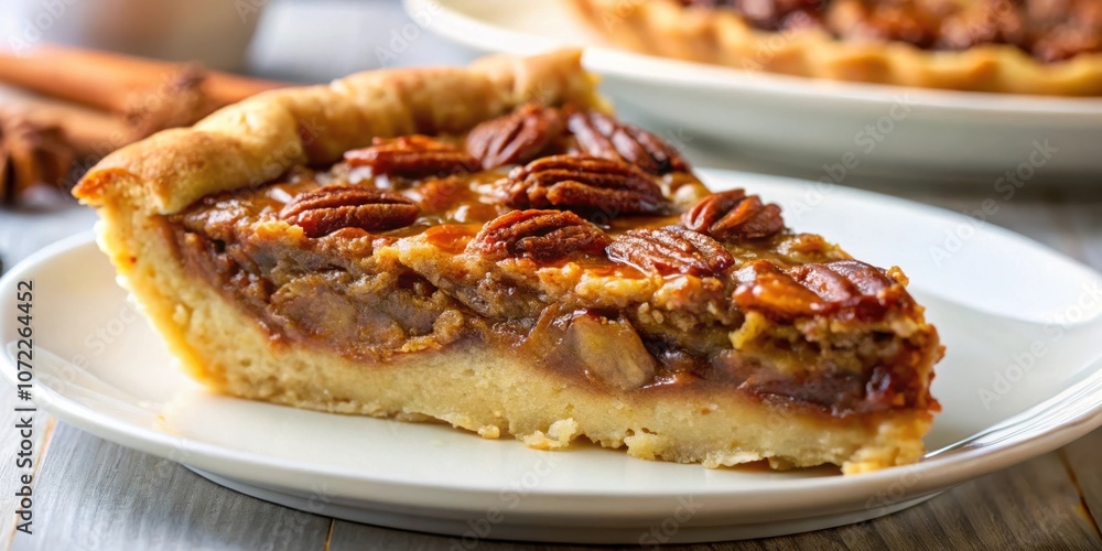 Aufkleber A slice of pecan pie with a flaky crust and a generous amount of caramel topping, displayed on a white plate against a rustic wooden background