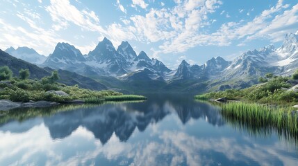 Fototapeta premium A serene landscape featuring majestic mountains reflected in a tranquil lake, surrounded by lush greenery and a clear, blue sky.