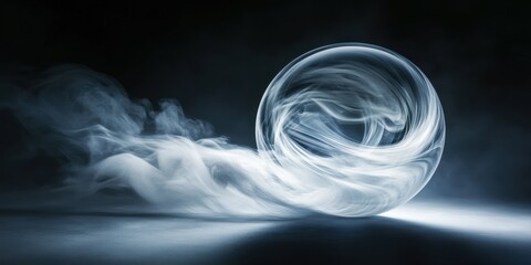 A floating smoke object resembling a crystal sphere with ethereal tendrils spiraling outward, illuminated by a dramatic spotlight