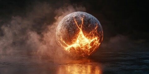 A floating smoke object resembling a crystal sphere with glowing cracks, illuminated by a spotlight casting soft shadows