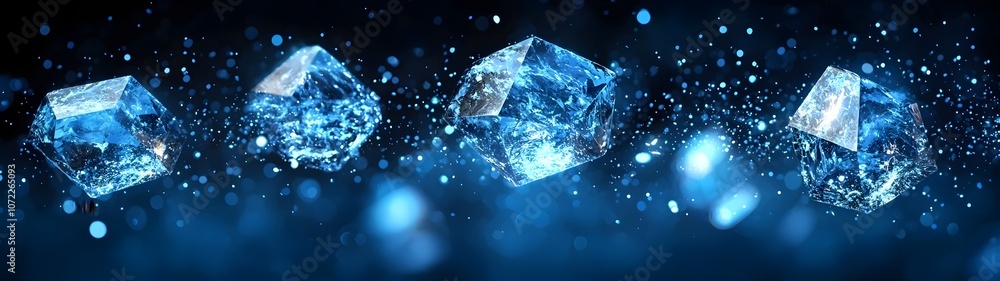 Poster a dynamic arrangement of sparkling blue diamonds set against a deep blue background, creating an enc