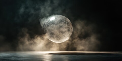 A floating smoke object resembling a shimmering crystal sphere, suspended in mid-air, illuminated by a spotlight that creates a halo of mist around it, dark background