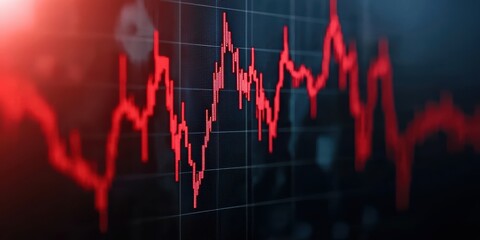 Dynamic chart showcases fluctuating red data lines against dark backdrop to illustrate market trends