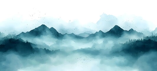 A serene landscape featuring majestic mountains shrouded in mist, showcasing a calming palette of blues and greens, evoking a sense of tranquility and peacefulness.