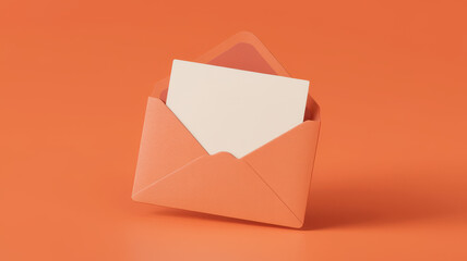 An elegant peach envelope opens to reveal a blank card, set against a vibrant orange background, creating a warm and inviting atmosphere.